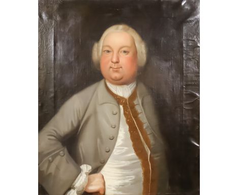 18th Century English School - Oil painting - Half length portrait of a bewigged gentleman wearing a grey frock coat, canvas 3