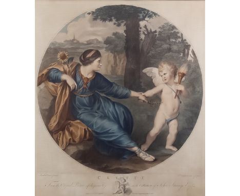 Francesco Bartolozzi (1727-1815) after Anniball Caracci - Coloured mezzotint - "Clytie being led by Cupid", 17ins diameter, p