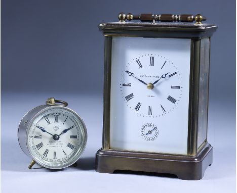 A Mid 20th Century English Brass Cased Carriage Clock, and an American Plated Metal Cased Timepiece, the carriage clock by Ma