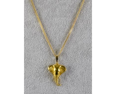 An 18ct Gold Elephant Pendant on 9ct Gold Long Chain, Modern, the pendant 37mm x 23mm, weight 4.1g, the chain 700mm overall, 