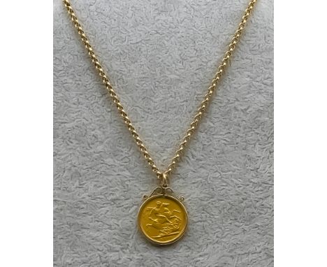 An Edward VII 1903 Sovereign, in gold coloured pendant mount, and with gold coloured metal mounted 500mm chain link necklet, 