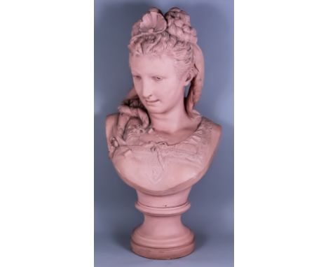 Albert Ernest Carrier-Belleuse (1824-1887) - Terracotta bust - Portrait of young woman with a diadem in her hair, on circular