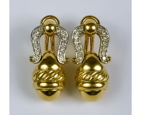 A Pair of 18ct Gold and Diamond Earrings, Modern, for pierced ears, each in the form of an articulated acorn, suspended from 