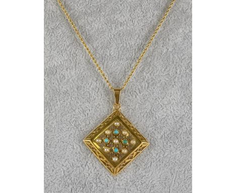 An 18ct Gold Geometric Seed Pearl and Turquoise Pendant, Modern, yellow metal pendant 15mm x 37mm set with nice seed pearls a