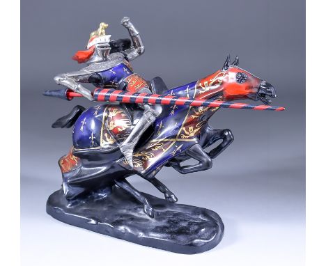 A Michael Sutty Porcelain Figure -&nbsp; Model of Henry V jousting and bearing Royal Arms of England, Model No. 26, 8.5ins hi