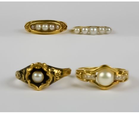 Four Pearl Set Rings, Modern, three in 18ct gold mounts, one in gold colour metal mount, one set with a central pearl flanked