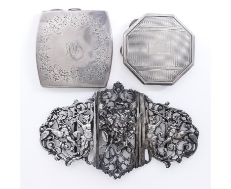 A Late Victorian Silver Nurses Buckle and Two Silver Compacts, the buckle by Charles Edwards, London 1898, pierced and cast w