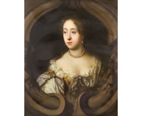 Studio of Mary Beale (1632-1697/99) - Oil painting - Shoulder-length portrait of a young woman wearing pearl necklace and lac