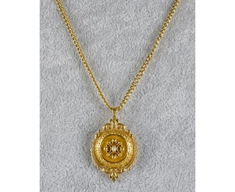 A 15ct Gold Pendant and Chain, Modern, pendant in the Etruscan style, 40mm x 30mm suspended on 14ct flat curb chain, 460mm, t