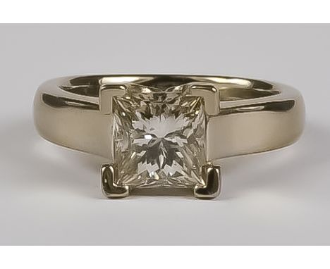 A Solitaire Diamond Ring, Modern, in 18ct white gold mount, set with empress cut brilliant white diamond, approximately .75ct