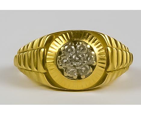 A Gentleman's Diamond Ring, Modern, in 18ct yellow gold mount, set with seven small diamonds, approximately .25ct, size R, gr