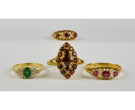 Four Gem Set Rings, Modern, 18ct Gold, one set with garnet stones, size R, another set with small emeralds and flanked by sma