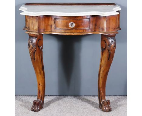 A Victorian Mahogany Hall or Console Table, of shaped outline with white marble slab to top, fitted one drawer, on cabriole l