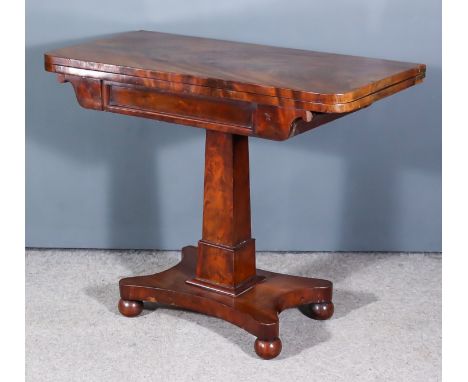 A William IV Figured Mahogany Rectangular Card Table, with green baize lined folding top and panelled front, on rectangular c