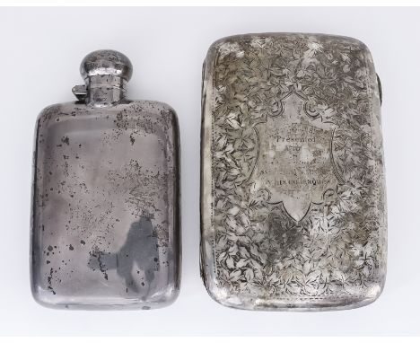 An Edward VII Silver Rectangular Curved Cigar Case, and a George VI Plain Silver Rectangular Spirit Flask, the cigar case by 