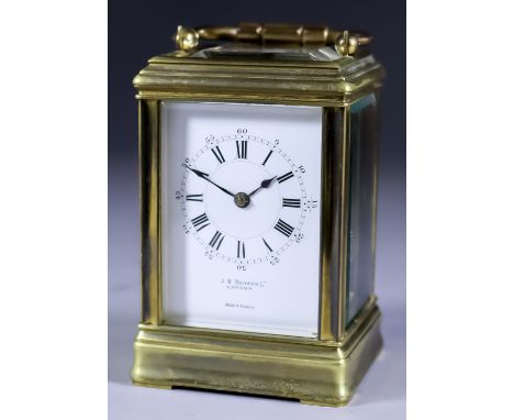 A Late 19th/Early 20th Century Miniature Carriage Clock, No. 16603, retailed by J. W. Benson Ltd. London, the white enamel di