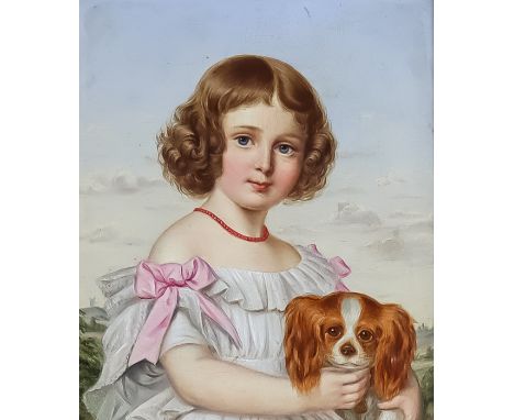 Early 19th Century English School - Oil painting - Portrait of a young girl wearing a coral necklace and holding a spaniel, c