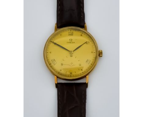 An Omega Manual Wind Wristwatch, 1948, 18ct Gold Cased, 35mm diameter, the cream dial with black Roman numerals and subsidiar