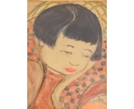 ***Orovida Pissarro (1893-1968) - Watercolour - "Baby's Head" - Shoulder length portrait of a Japanese Baby, signed in pencil