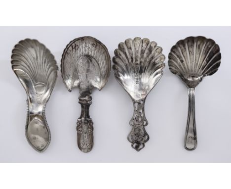 A George III Silver Caddy Spoon and Three Other Silver Caddy Spoons, the George III spoon, by Thomas Wallis &amp; Jonathan Hy