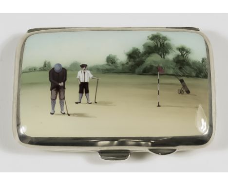 A George V Silver Rectangular Cigarette Case, by Joseph Gloster, Birmingham 1915, the lid later enamelled with golfers on the