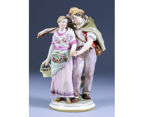 A Meissen Porcelain Figural Group, 19th Century, of a young man and his love, she holding a basket of vegetables, with incise