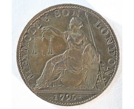 Central London, Bishop's Gate, Meymott and Sons 1795 halfpenny, DH 377a, As Struck with irredescent proof-like fields.