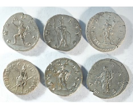 6x Postumus (260 - 269 CE) silver antoninianii consisting of: Hercules holding club and olive branch reverse, flan split othe
