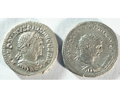 2x Caracalla (198 - 217 CE) silver antoninianii consisting of: ANTONINVS PIVS AVG GERM, radiate draped and cuirassed bust fac