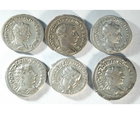 6x silver antoninianii of Gordian III (238 - 244 CE) consisting of: Aequitas holding scales and cornuopia, Very Fine. Fortuna