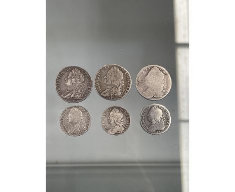 George II (1727 - 1760), 6x silver coins consisting of: 2x 1645 LIMA shilling, S. 3703, Fine and Good Very Fine. 2x 1746 LIMA