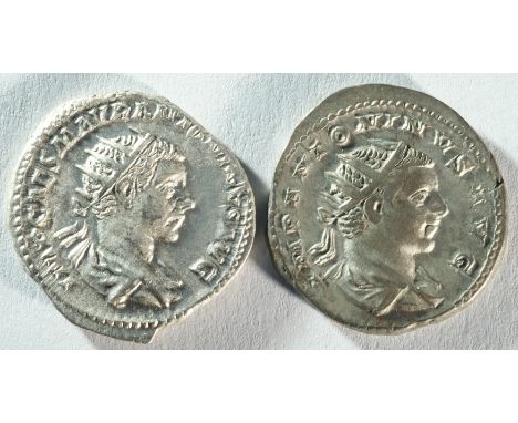 2x Elagabalus (218 - 222 CE) silver antoninianii consisting of: 4.8 grams, 22.7 mm. Obv: IMP CAES M AVR ANTONINVS AVG, PM TR 