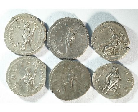 6x Postumus (260 - 269 CE) silver antoninianii consisting of: MINER FAVTR, Minerva advancing left holding olive branch, spear