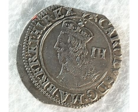 Charles I threepence, York mint, 1.21 grams, 18.7 mm, 9h, mintmark lion. Obv: Bust facing left, III behind. Rev: Square toppe