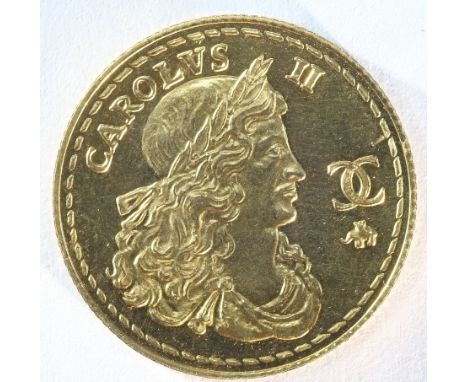 Charles II "Royal Sovereign" gold medal. 5.17 grams of .375/9 carat gold. Obv: Laureate bust of Charles II facing left, inter