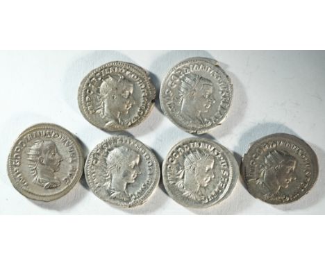 6x silver antoninianii of Gordian III (238 - 244 CE) consisting of: Felicitas holding long caduceus and cornucopia, Near Extr
