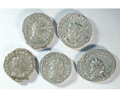 5x silver antoninianii consisting of: 2x Valerian (253 - 260 CE), ORIENS AVGG, Sol standing holding whip. VICT GERMANICA, Vic