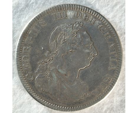 George III, 1804 five shillings. Obv: Laureate bust right, top leaf to left side of E. Rev: Britannia seated left, olive bran