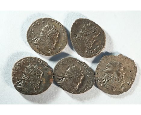 5x AeAntoninianii of Aureolus (268 CE) in the the name of Postumus consisting of: FIDES EQVIT, Fides seated left, Very Fine, 