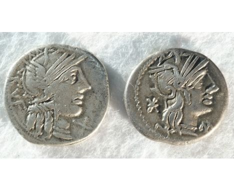2x Roman Republican silver denarii consisting of: Q. Minucius Rufus, Rome Mint, 122 B.C. 3.78 grams, 18.6 mm, 7h. Obv: Head o