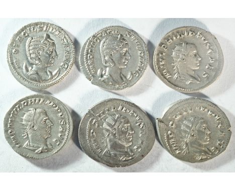 6x silver antoninianii consisting of: 2x Philip I (244 - 249 A.D.). Annona standing left holding corn ears and cornucopia, Ex