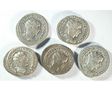 Ancient Roman, 5x Gordian III (238 - 244 CE) silver antoninianii consisting of: Liberalitas standing left with abacus and cor