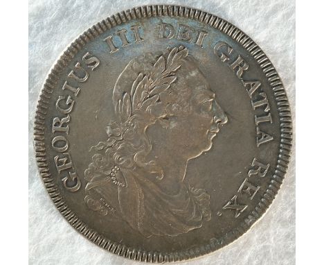 George III, 1804 proof five shillings. Obv: Laureate bust right, top leaf to centre of E. Rev: Britannia seated left, olive b