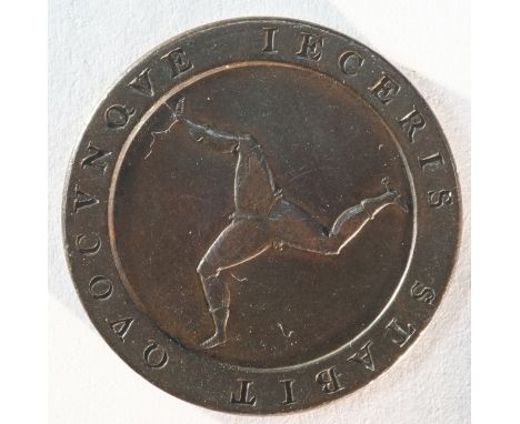 Isle of Man, George III (1760 - 1820) 1798 halfpenny. Obv: Laureate head facing right. Rev: Triskelis. S. 7415. Good Very Fin