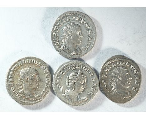 4x silver antoninianii consisting of: Philip I (244 - 249 CE), FELICITAS IMPP in wreath. Philip II (247 - 249 CE), VIRTVS AVG