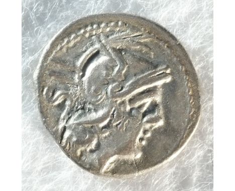 Roman Republic Sestertius, Silver; Anonymous, after 211 BC; helmeted head of Roma right, IIS behind; Dioscuri riding right, R