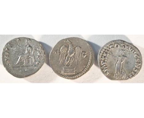 3x Flavian silver denarii consisting of: Vespasian (69 - 79 CE), COS ITER TR POT, Pax seated left, holding olive branch. Very