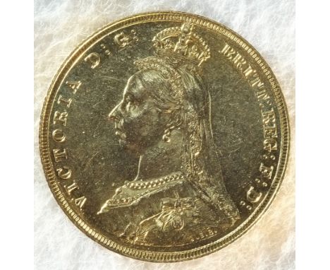 Victoria (1837 - 1901) 1887 sovereign. Obv: Jubilee portrait of Victoria left, J.E.B on truncation for designer Joseph Edgar 
