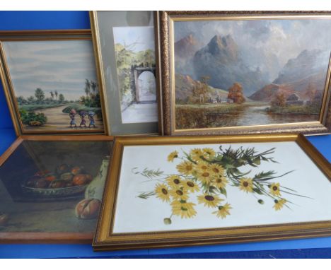 Five decorative wall-hanging pictures and prints to include: a gilt-framed oil on ceramic study of daisies (frame size 73cm x