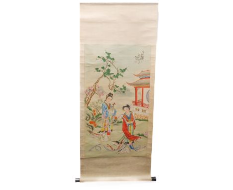 A Chinese scroll watercolour depicting two courtesans within a garden, signed and with circular red seal stamp (image size 71